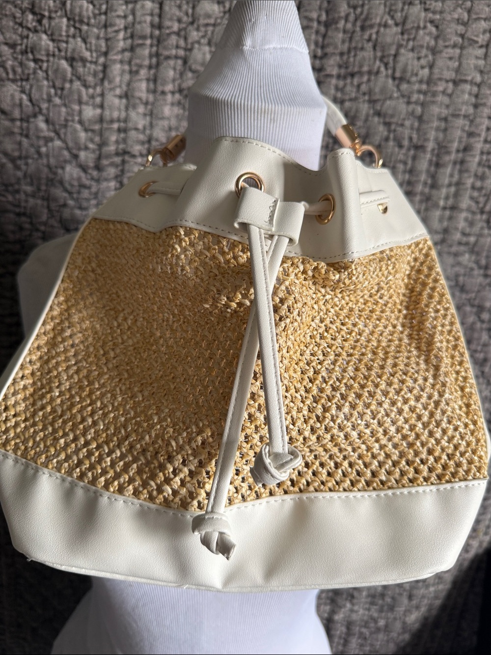 Cream and Natural Straw Drawstring Bucket Tote